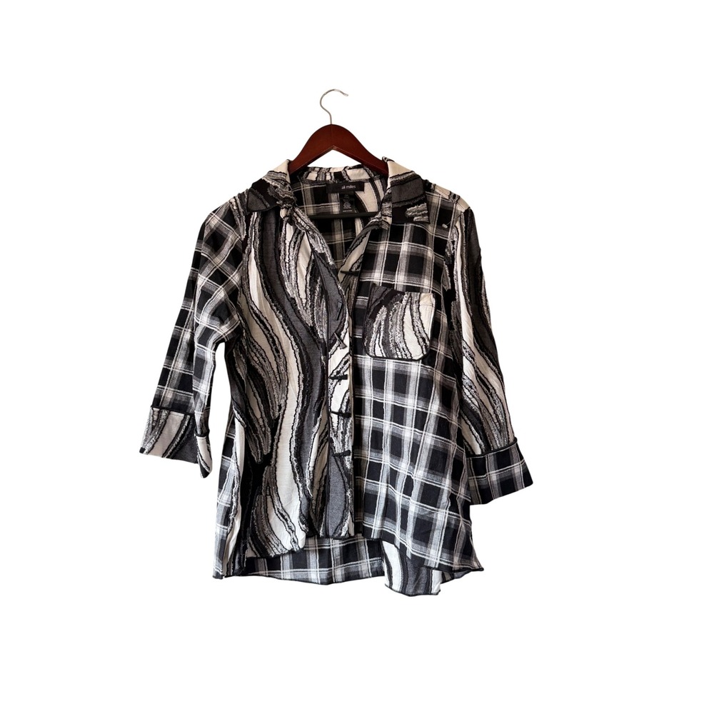 Vintage Womens Black White Plaid Abstract Mixed Media Toggle Button Top Large